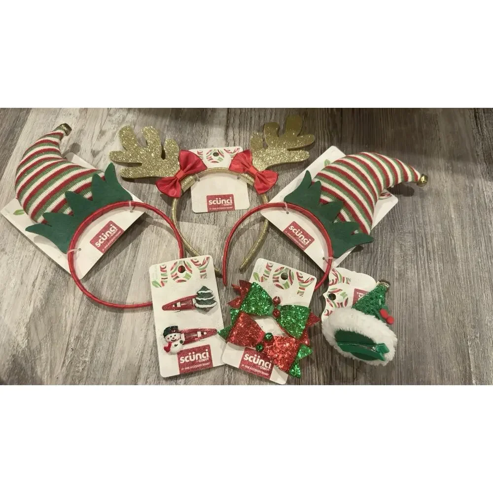 Scunci Christmas Hair Accessories Lot – Elf Hats, Reindeer Antlers, Bows, Clips